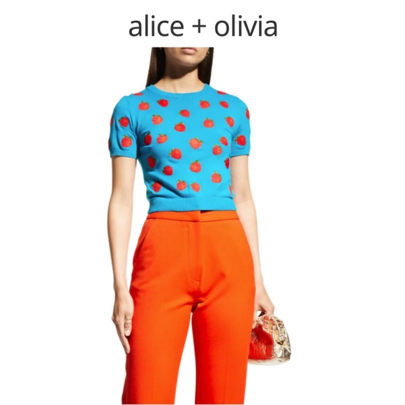 Alice + Oilvia Ciara Embroidered Strawberry Cropped Sweater